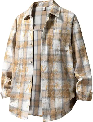 Men's Plaid Shirt Spring Fall Checkered Oversized Blouse Top Loose Long Sleeve Button Down Casual Cardigan with Pocket