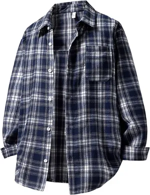 Men's Plaid Shirt Spring Fall Checkered Oversized Blouse Top Loose Long Sleeve Button Down Casual Cardigan with Pocket