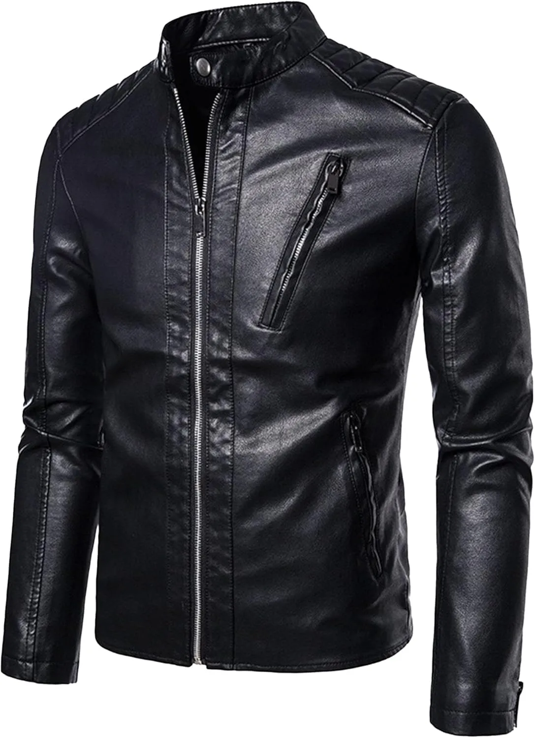 Men's Quilted Cafe Racer Moto Jackets Slim Fit Motorcycle Faux Leather Jacket Faux Leather Motorcycle Jacket