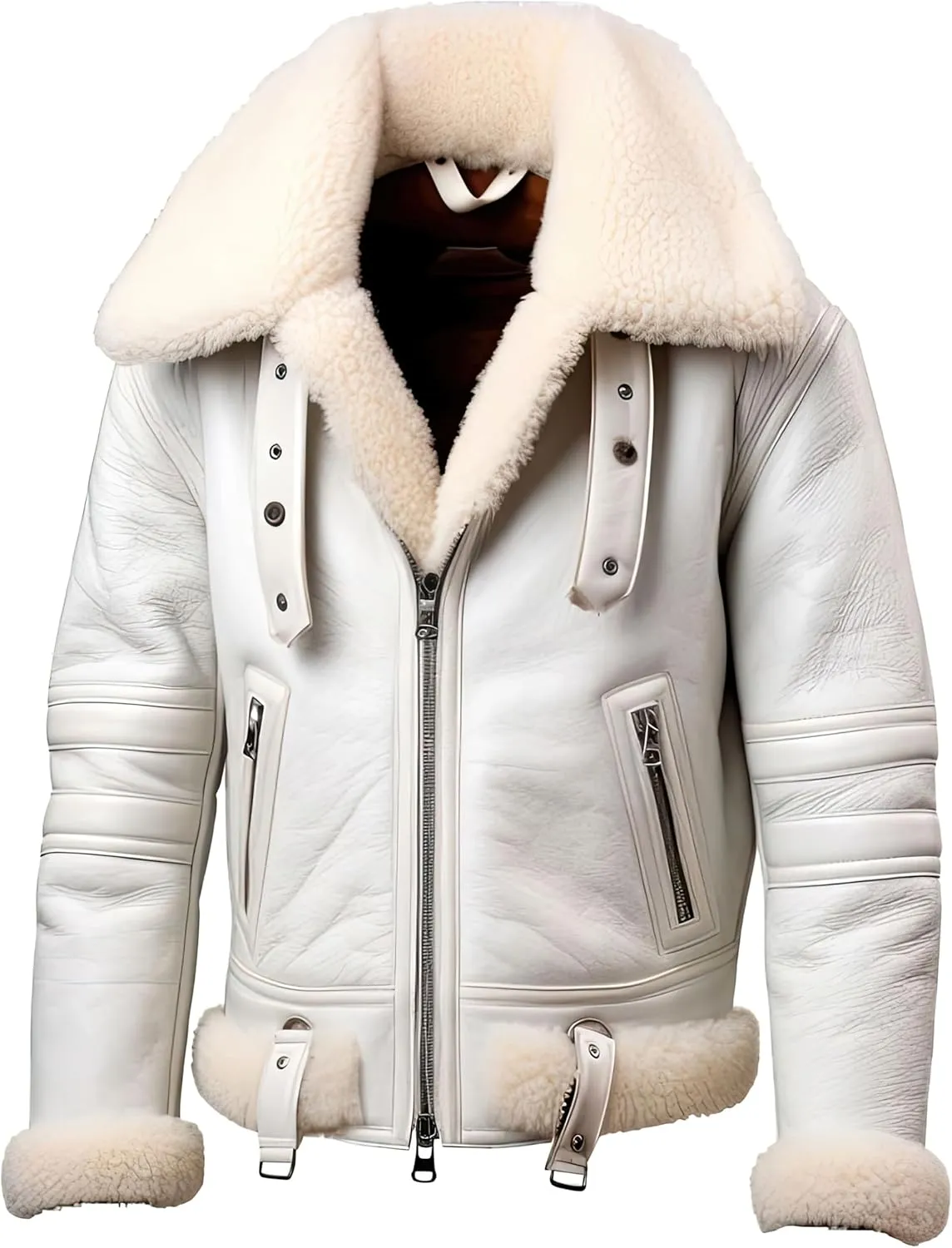 Men's RAF Aviator B3 Bomber Sherpa Shearling Sheepskin Leather Jacket – Faux Fur Lined Winter Coat with Belted Design For Men