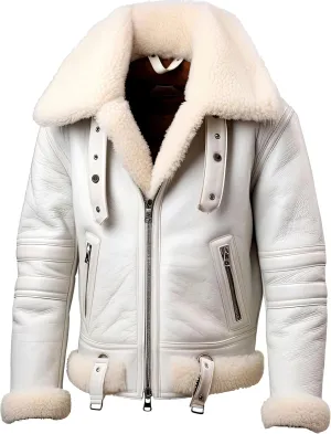 Men's RAF Aviator B3 Bomber Sherpa Shearling Sheepskin Leather Jacket – Faux Fur Lined Winter Coat with Belted Design For Men
