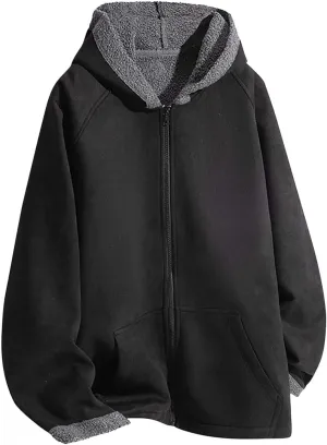 Men's Sherpa Coat Fleece Lined Long Sleeve Zip Up Outerwear Casual Winter Warm Solid Color Hooded Jacket with Pockets
