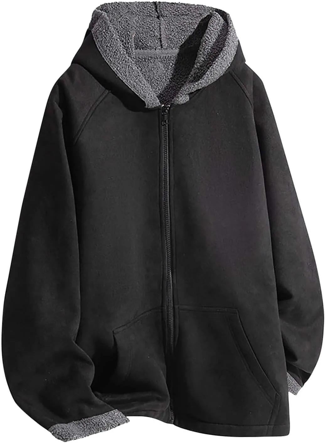 Men's Sherpa Coat Fleece Lined Long Sleeve Zip Up Outerwear Casual Winter Warm Solid Color Hooded Jacket with Pockets