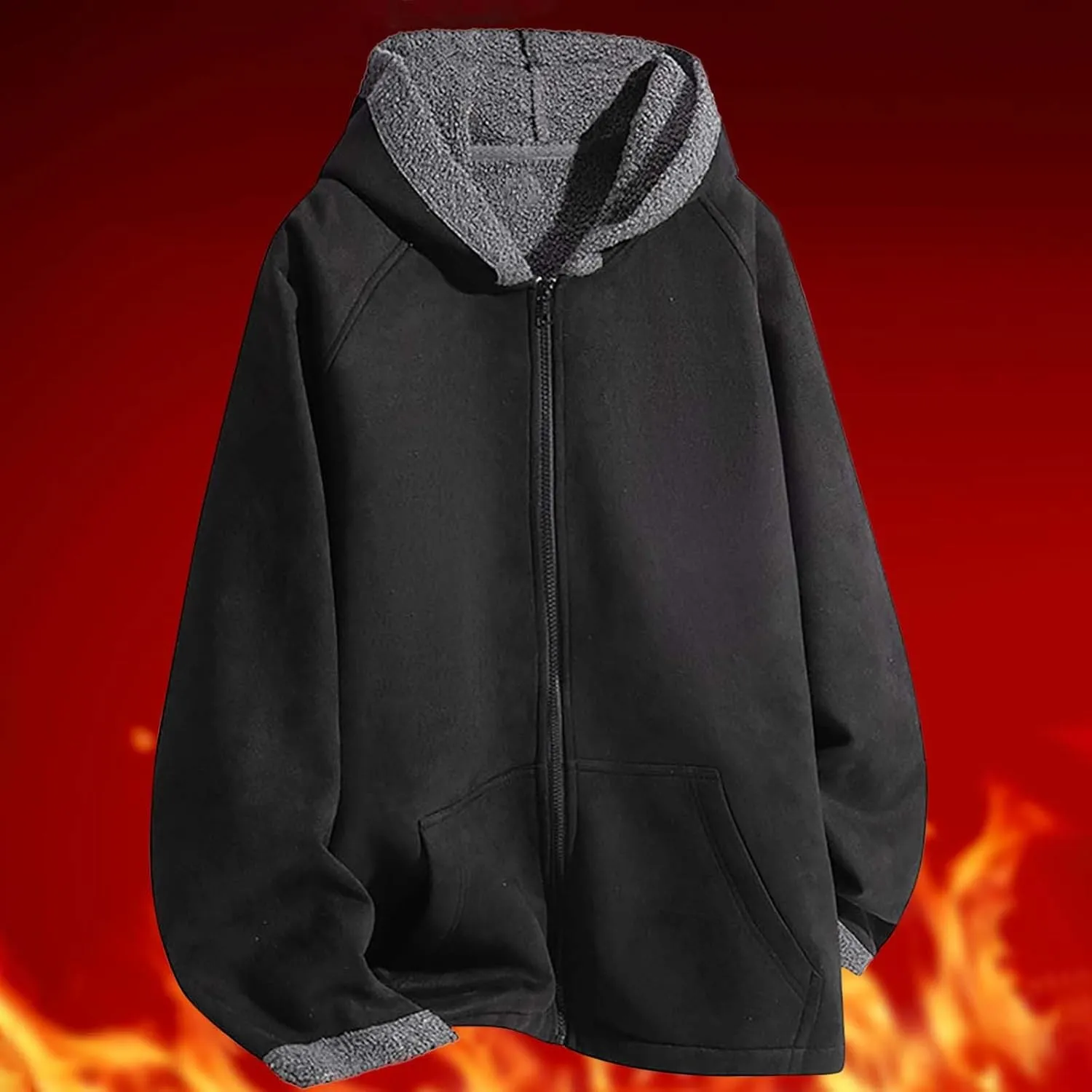 Men's Sherpa Coat Fleece Lined Long Sleeve Zip Up Outerwear Casual Winter Warm Solid Color Hooded Jacket with Pockets