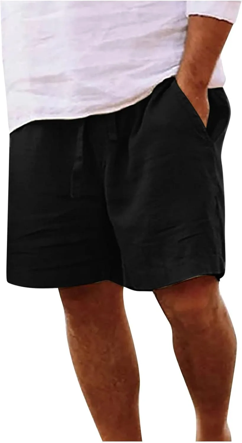 Mens Shorts Casual Cotton Linen Shorts Elastic Waist Drawstring Big and Tall Shorts Loose Fit Summer Beach Shorts Trendy