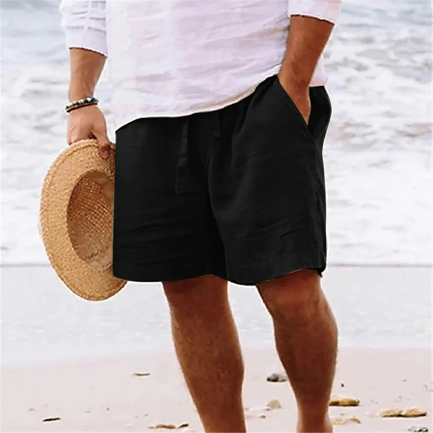 Mens Shorts Casual Cotton Linen Shorts Elastic Waist Drawstring Big and Tall Shorts Loose Fit Summer Beach Shorts Trendy