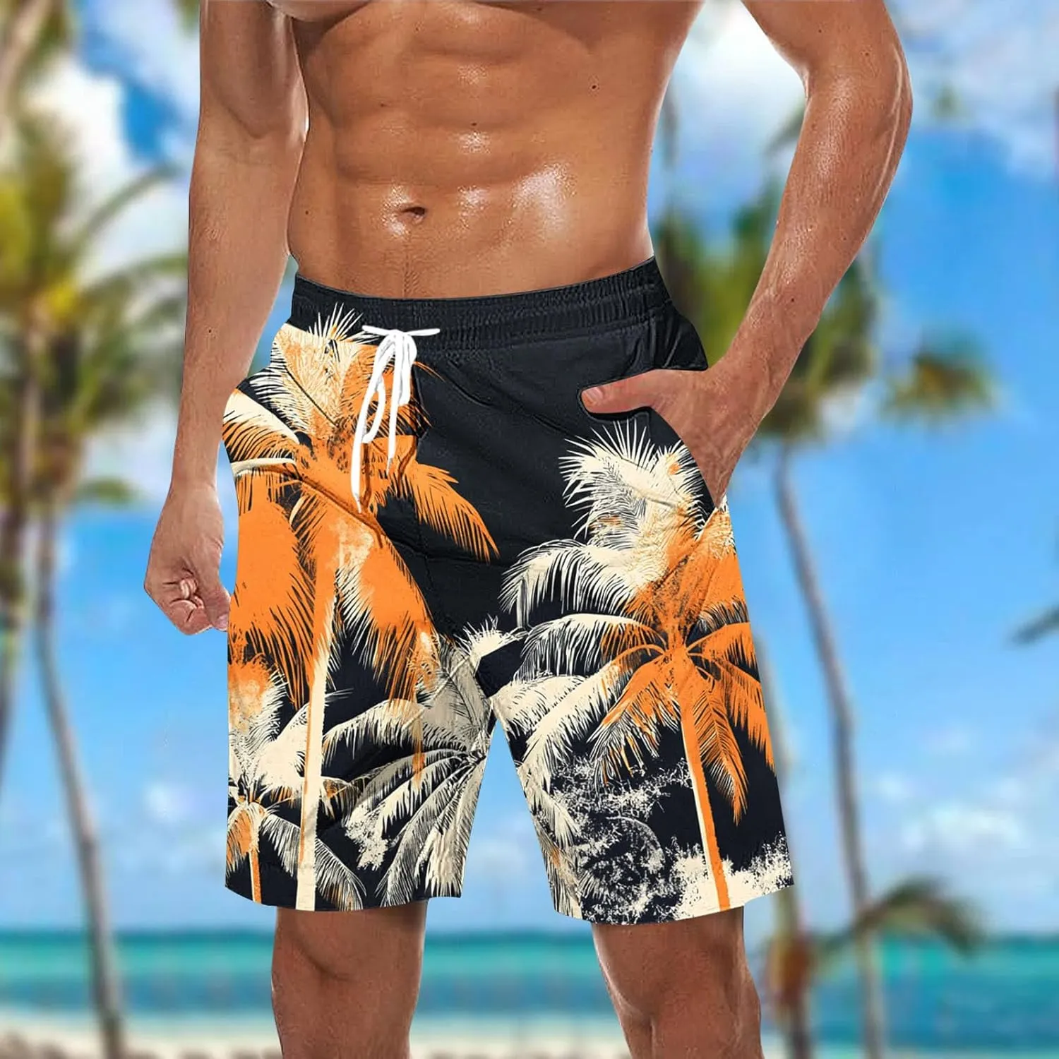 Mens Shorts Casual Cotton Linen Shorts Hawaiian Elastic Waist Short Pants Drawstring Lightweight Short Summer Shorts