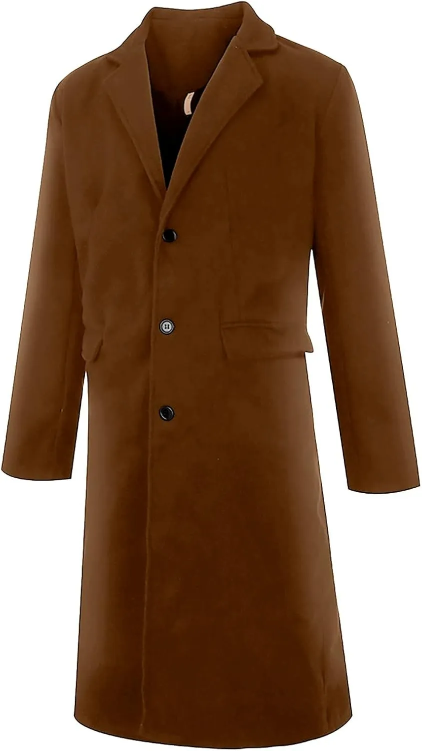Mens Single Breasted Trench Coat Winter Pea Coat Notch Lapel Long Casual Overcoat