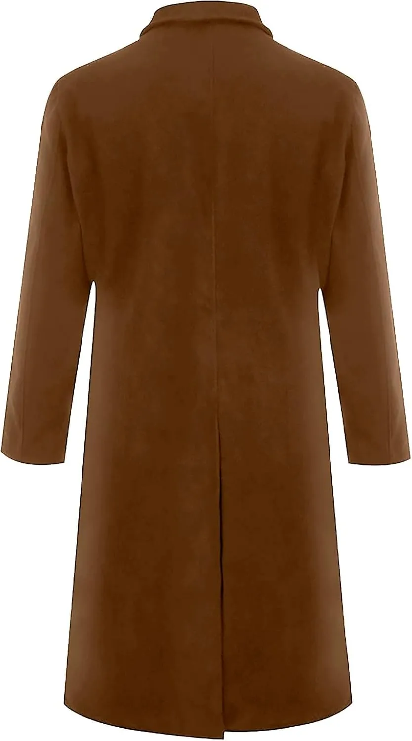 Mens Single Breasted Trench Coat Winter Pea Coat Notch Lapel Long Casual Overcoat