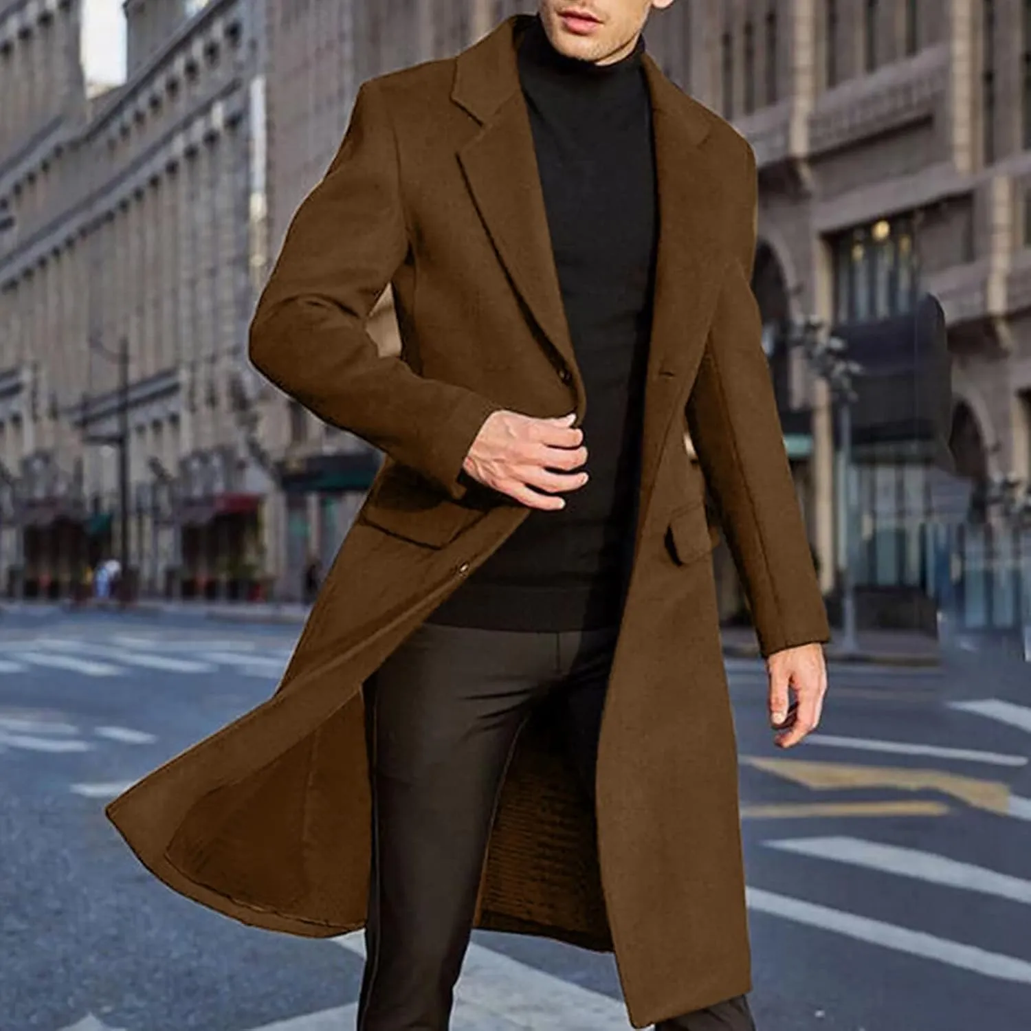 Mens Single Breasted Trench Coat Winter Pea Coat Notch Lapel Long Casual Overcoat