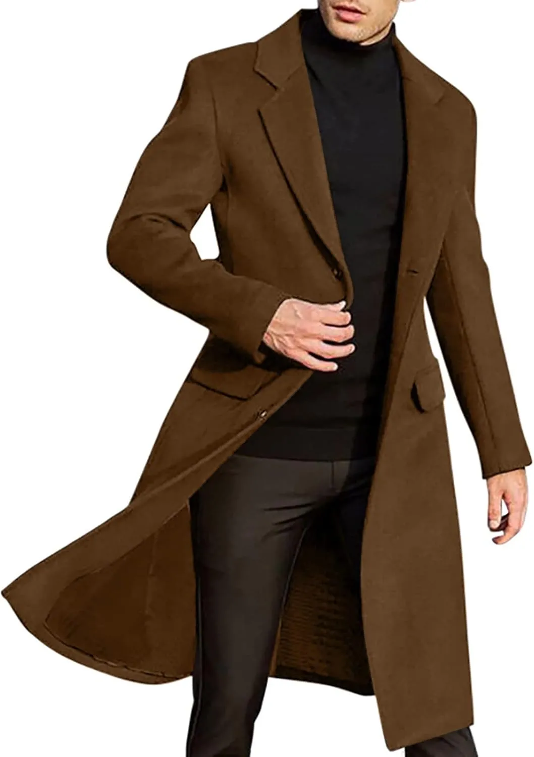 Mens Single Breasted Trench Coat Winter Pea Coat Notch Lapel Long Casual Overcoat
