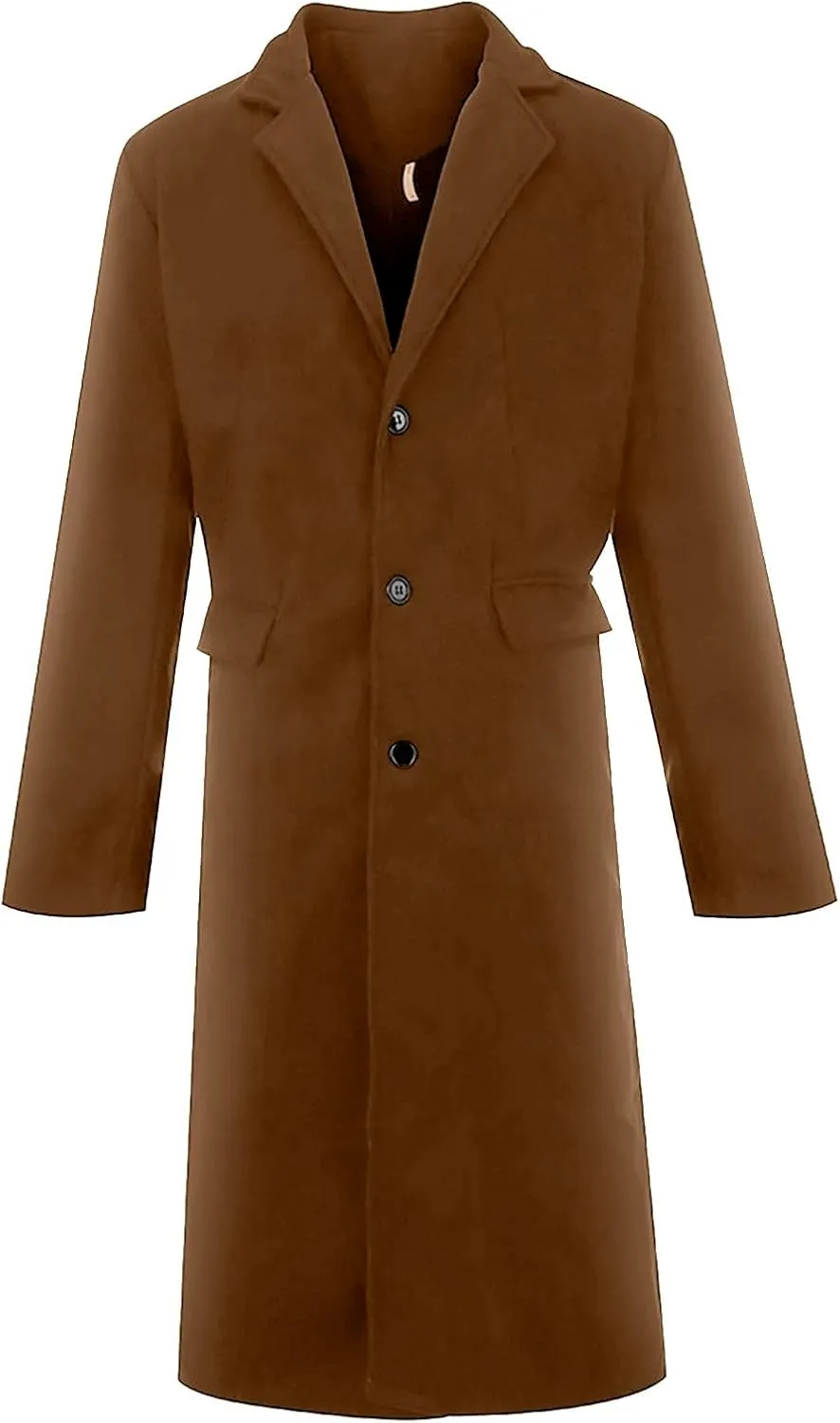 Mens Single Breasted Trench Coat Winter Pea Coat Notch Lapel Long Casual Overcoat