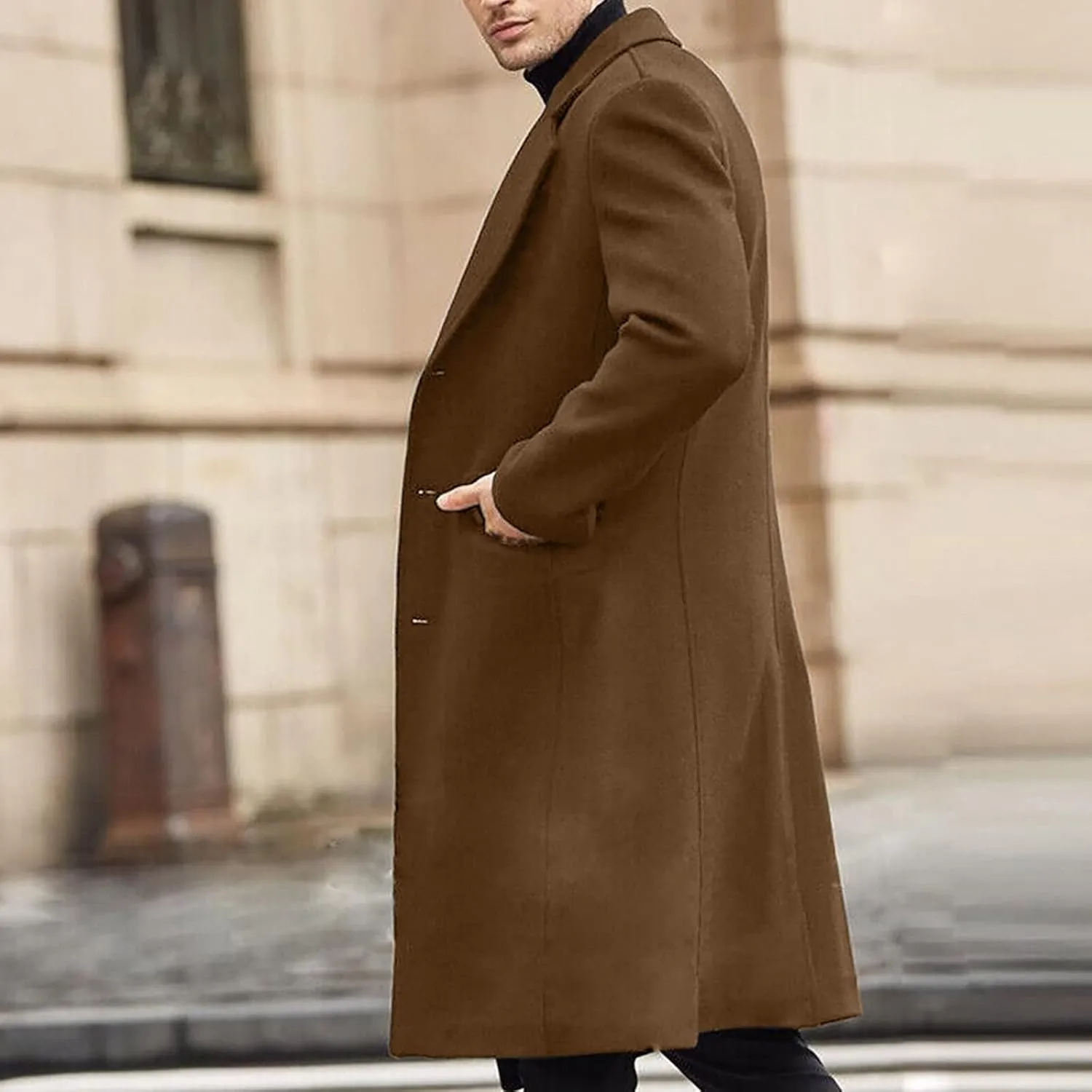 Mens Single Breasted Trench Coat Winter Pea Coat Notch Lapel Long Casual Overcoat