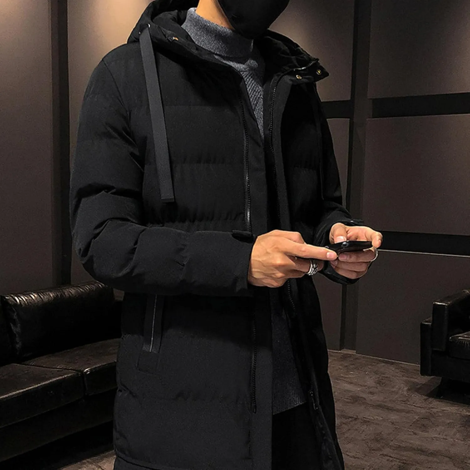 Mens Slim Fit Hooded Padded Coat Mid Length Warm Winter Quilted Puffer Jacket Windproof Thicken Down Outwear