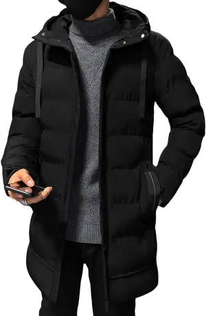 Mens Slim Fit Hooded Padded Coat Mid Length Warm Winter Quilted Puffer Jacket Windproof Thicken Down Outwear