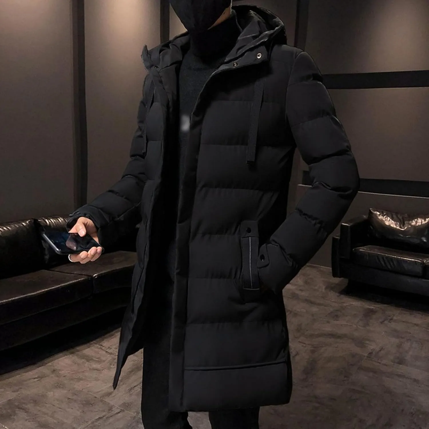 Mens Slim Fit Hooded Padded Coat Mid Length Warm Winter Quilted Puffer Jacket Windproof Thicken Down Outwear