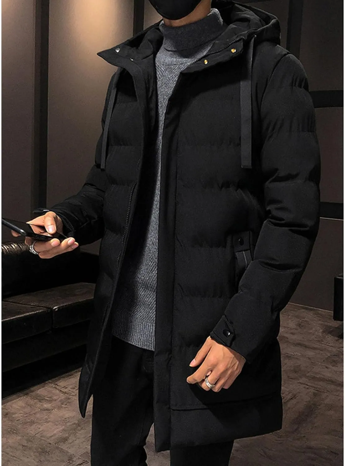 Mens Slim Fit Hooded Padded Coat Mid Length Warm Winter Quilted Puffer Jacket Windproof Thicken Down Outwear