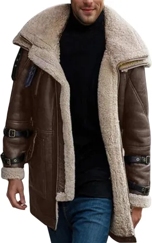 Mens Thicken Fleece Lined Suede Coats with Lapel Collar, Heavyweight Trucker Retro Sherpa Jacket Classic Outwear