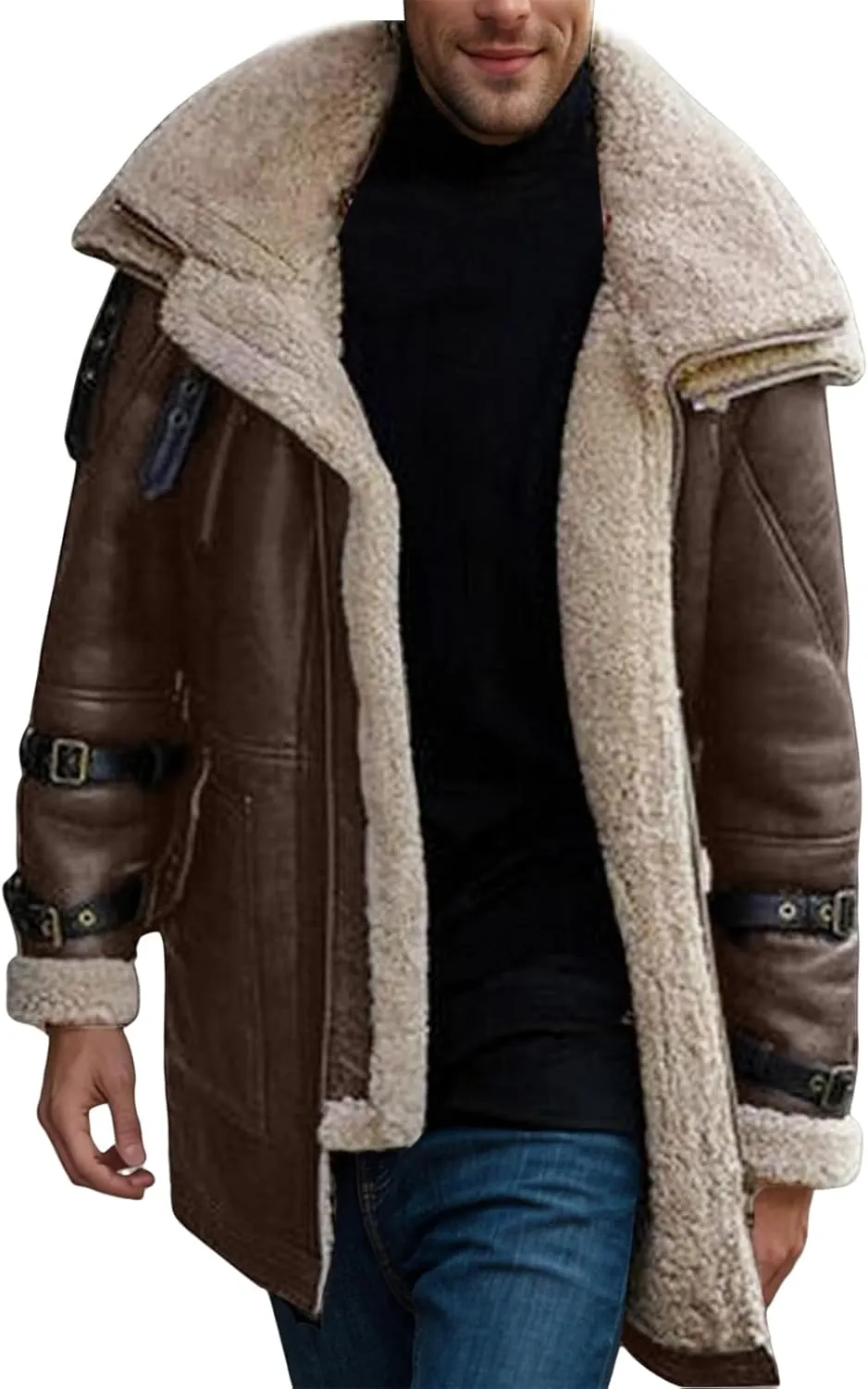 Mens Thicken Fleece Lined Suede Coats with Lapel Collar, Heavyweight Trucker Retro Sherpa Jacket Classic Outwear