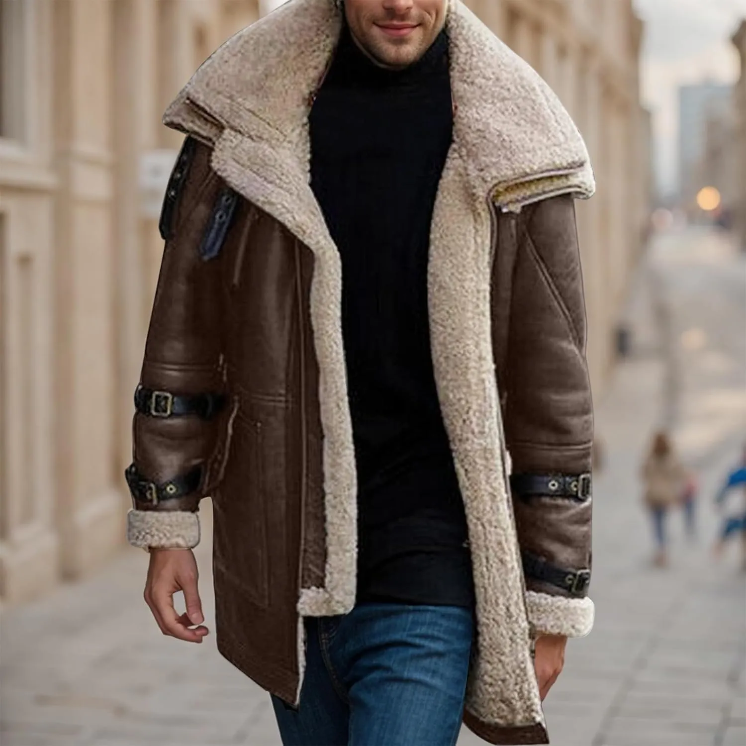 Mens Thicken Fleece Lined Suede Coats with Lapel Collar, Heavyweight Trucker Retro Sherpa Jacket Classic Outwear