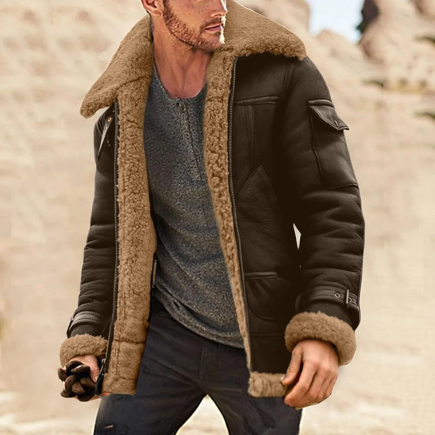 Mens Winter Coats, Men's Lamb Wool Bomber Coat Faux Leather Sherpa Fleece Lined Jacket Heavyweight Sheepskin Jackets