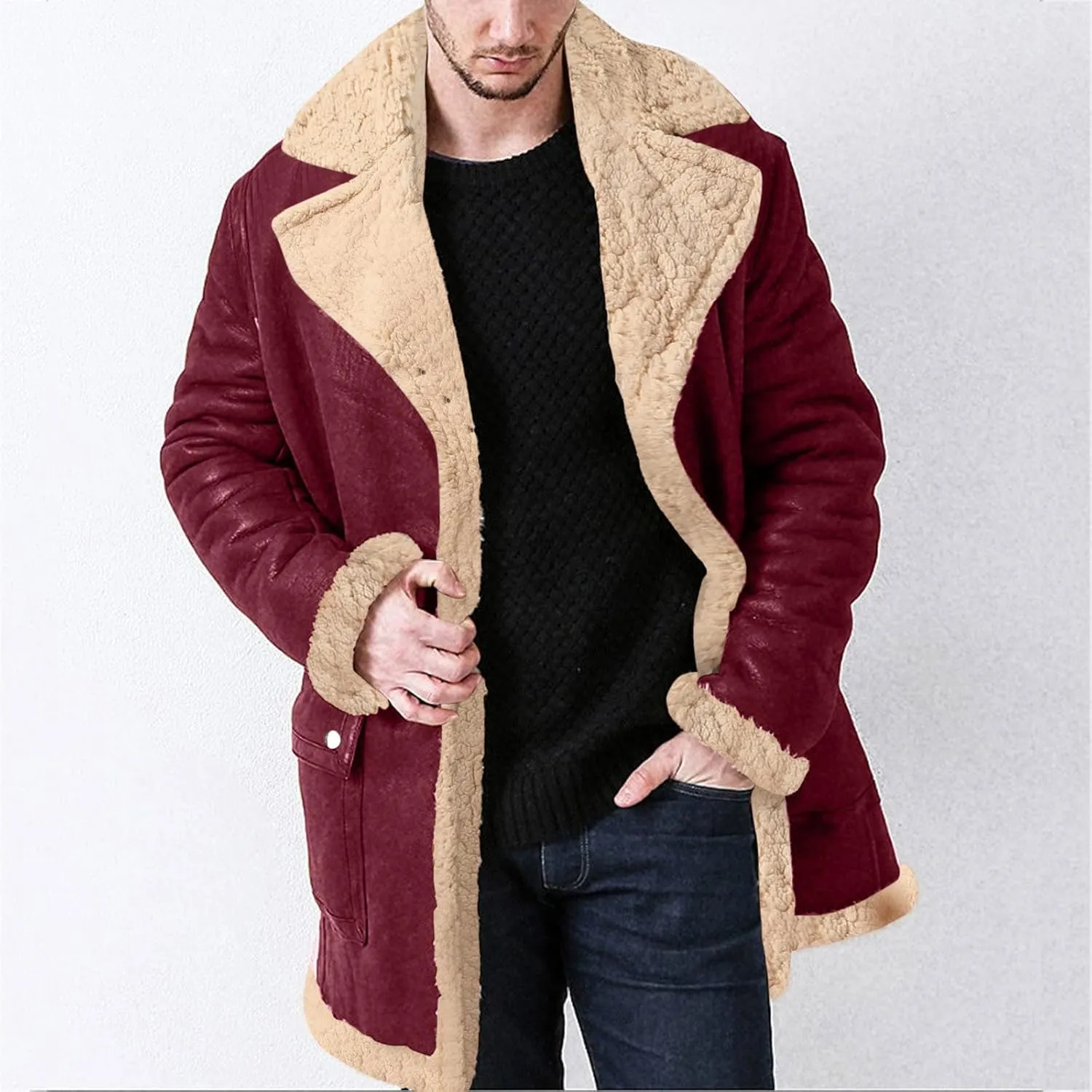 Mens Winter Coats, Men's Lamb Wool Bomber Coat Faux Leather Sherpa Fleece Lined Jacket Heavyweight Sheepskin Jackets