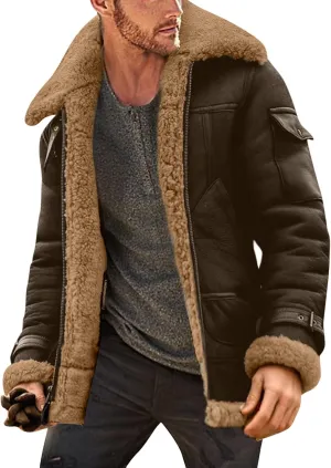 Mens Winter Coats, Men's Lamb Wool Bomber Coat Faux Leather Sherpa Fleece Lined Jacket Heavyweight Sheepskin Jackets