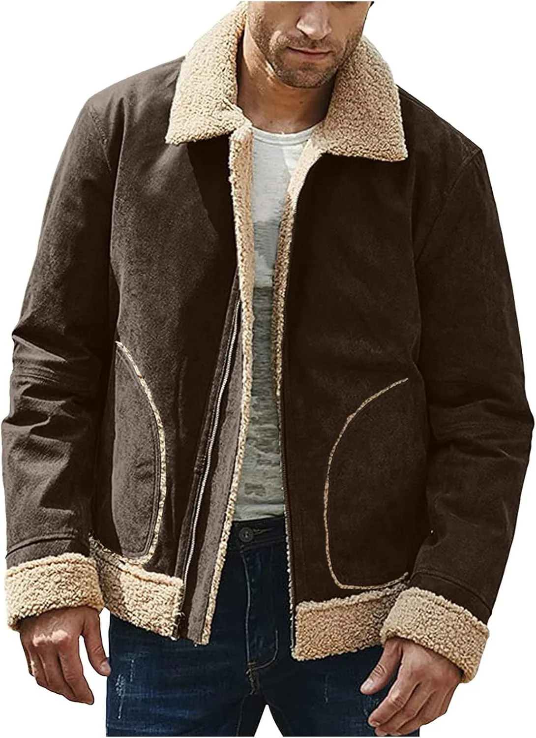 Mens Winter Coats, Mens Vintage Faux Leather Jacket Sherpa Lined Heavyweight Shearing Coat Plus Size Thicken Jacket