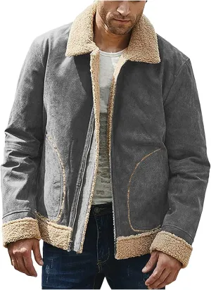Mens Winter Coats, Mens Vintage Faux Leather Jacket Sherpa Lined Heavyweight Shearing Coat Plus Size Thicken Jacket