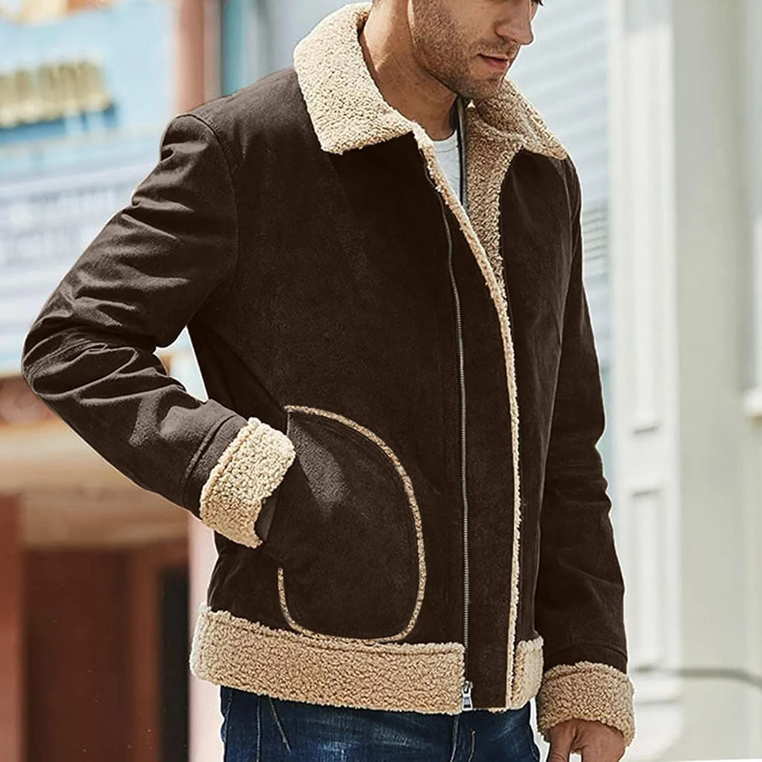 Mens Winter Coats, Mens Vintage Faux Leather Jacket Sherpa Lined Heavyweight Shearing Coat Plus Size Thicken Jacket