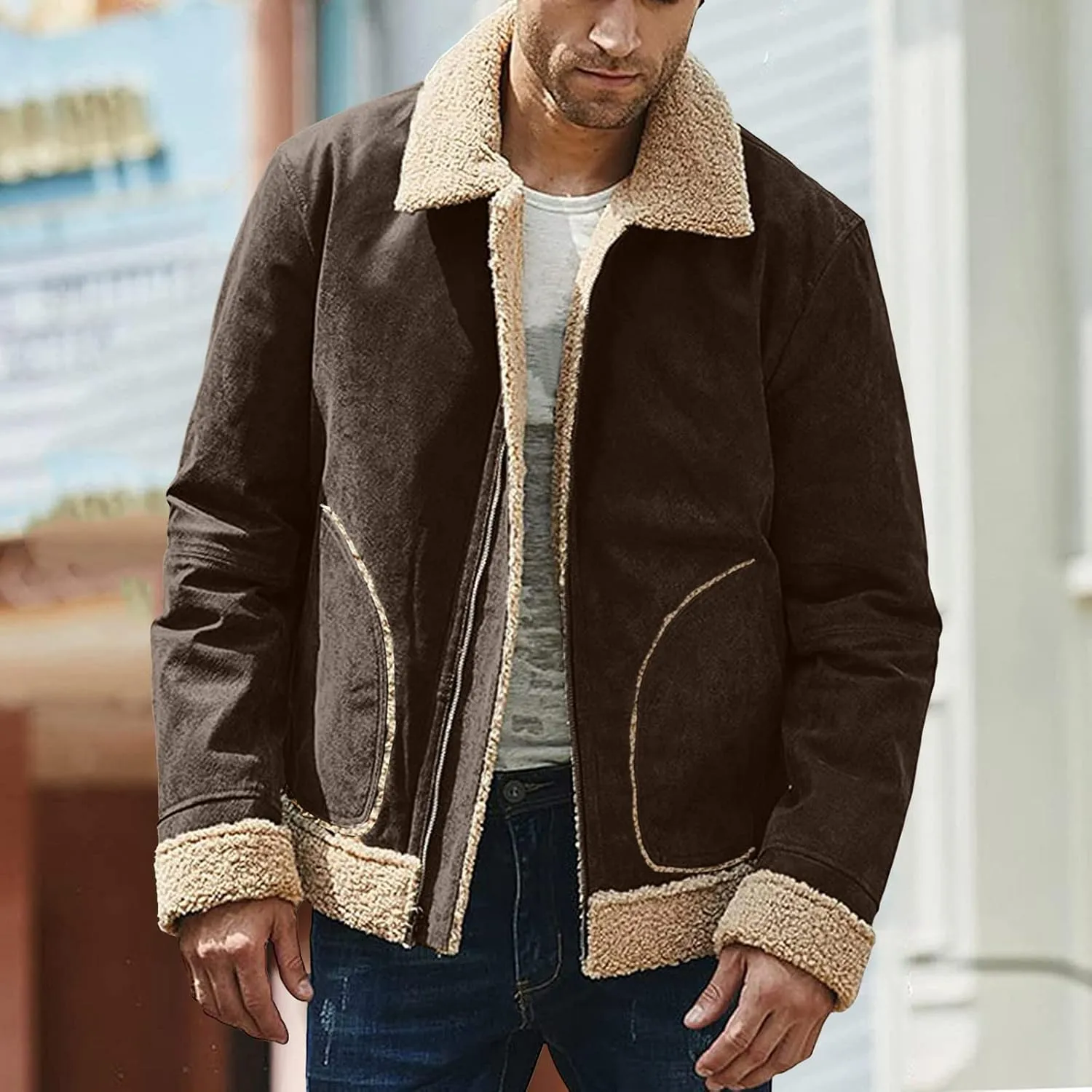 Mens Winter Coats, Mens Vintage Faux Leather Jacket Sherpa Lined Heavyweight Shearing Coat Plus Size Thicken Jacket
