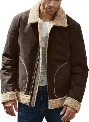 Mens Winter Coats, Mens Vintage Faux Leather Jacket Sherpa Lined Heavyweight Shearing Coat Plus Size Thicken Jacket