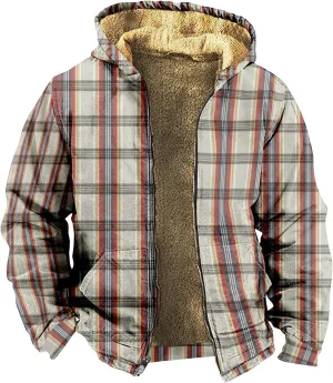 Men'S Winter Coats Plaid Print Zipper Hooded Warm Windbreaker Jackets Heated Casual Hoodie