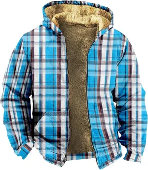 Men'S Winter Coats Plaid Print Zipper Hooded Warm Windbreaker Jackets Heated Casual Hoodie