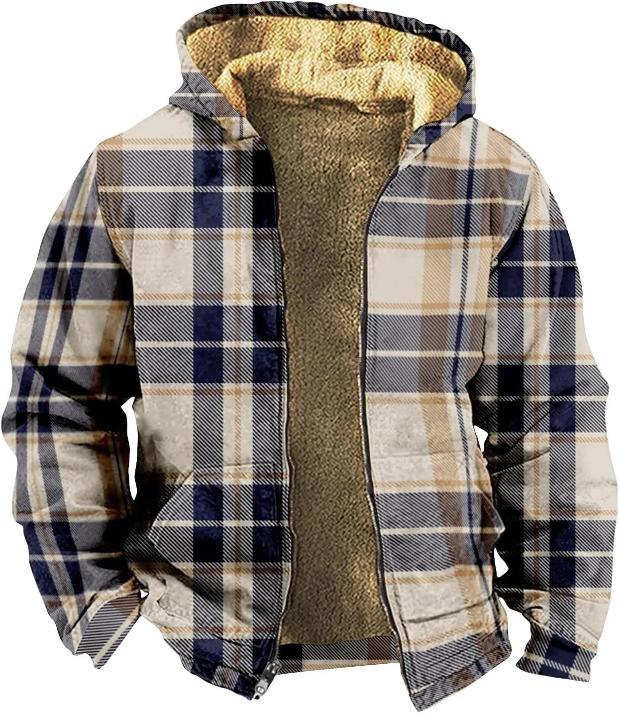 Men'S Winter Coats Plaid Print Zipper Hooded Warm Windbreaker Jackets Heated Casual Hoodie