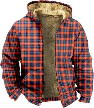 Men'S Winter Coats Plaid Print Zipper Hooded Warm Windbreaker Jackets Heated Casual Hoodie