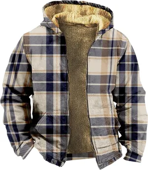 Men'S Winter Coats Plaid Print Zipper Hooded Warm Windbreaker Jackets Heated Casual Hoodie