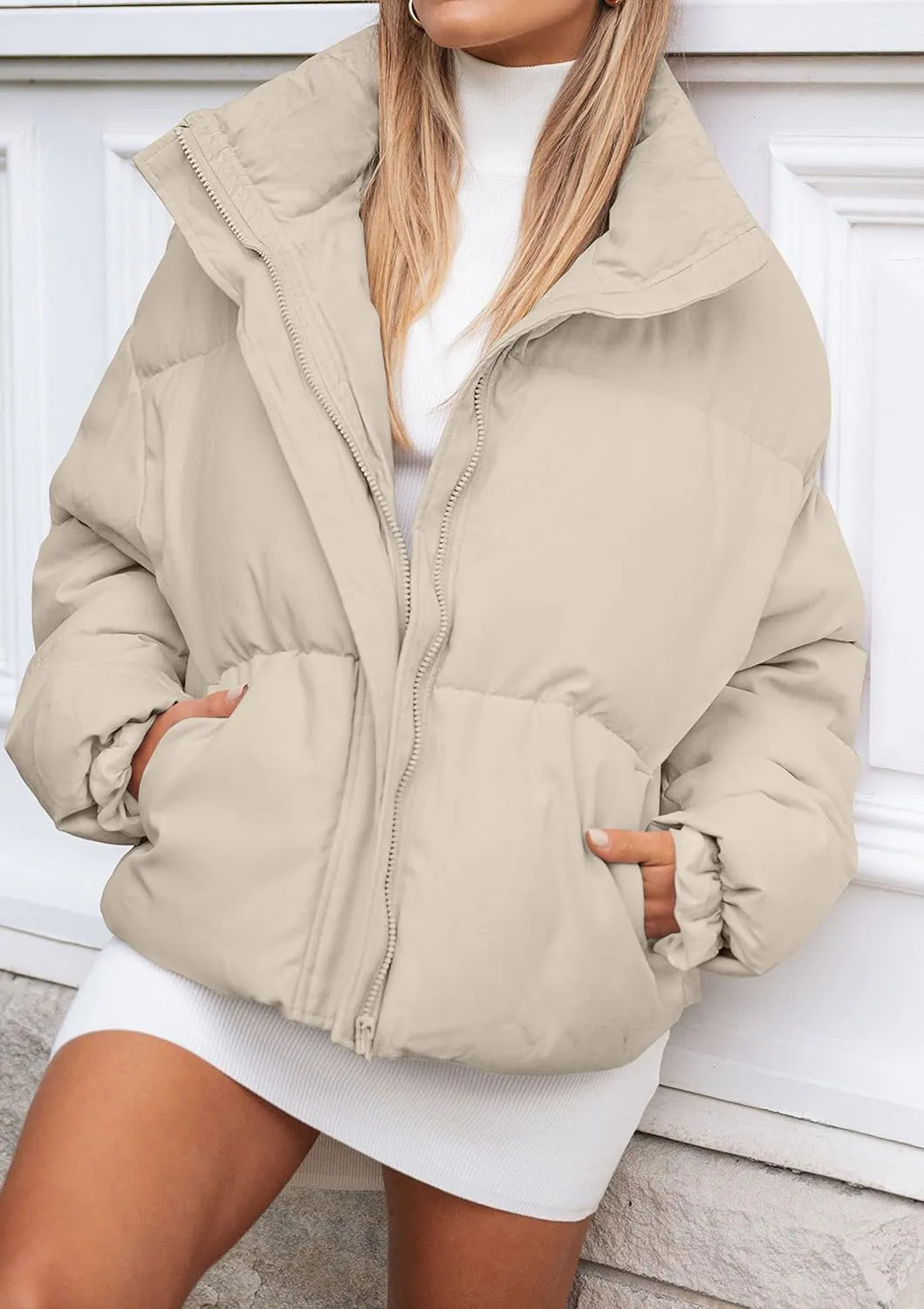 MEROKEETY Women's 2025 Winter Long Sleeve Zip Puffer Jacket Pockets Baggy Short Coats