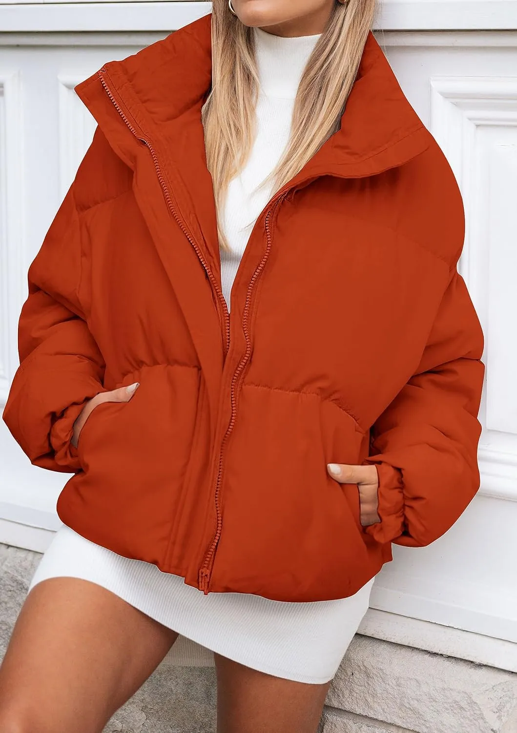 MEROKEETY Women's 2025 Winter Long Sleeve Zip Puffer Jacket Pockets Baggy Short Coats