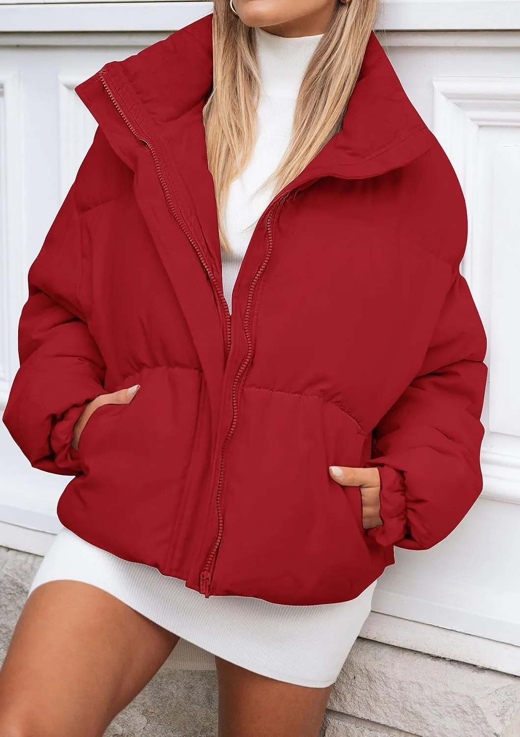 MEROKEETY Women's 2025 Winter Long Sleeve Zip Puffer Jacket Pockets Baggy Short Coats