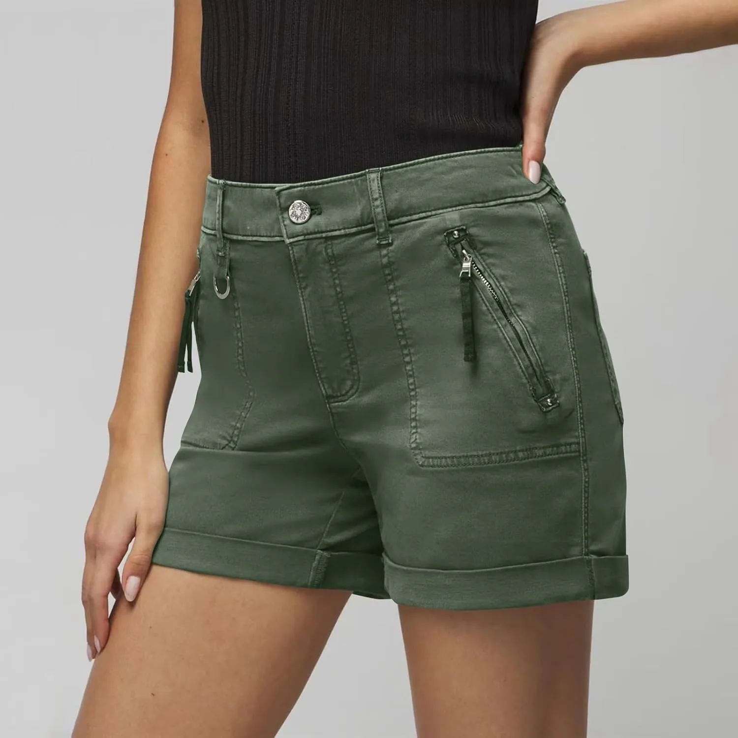 midelxp Stretchy Twill Jean Shorts for Women Y2k Rolled Hem High Waisted Denim Shorts Summer Casual Cargo Shorts with Pockets