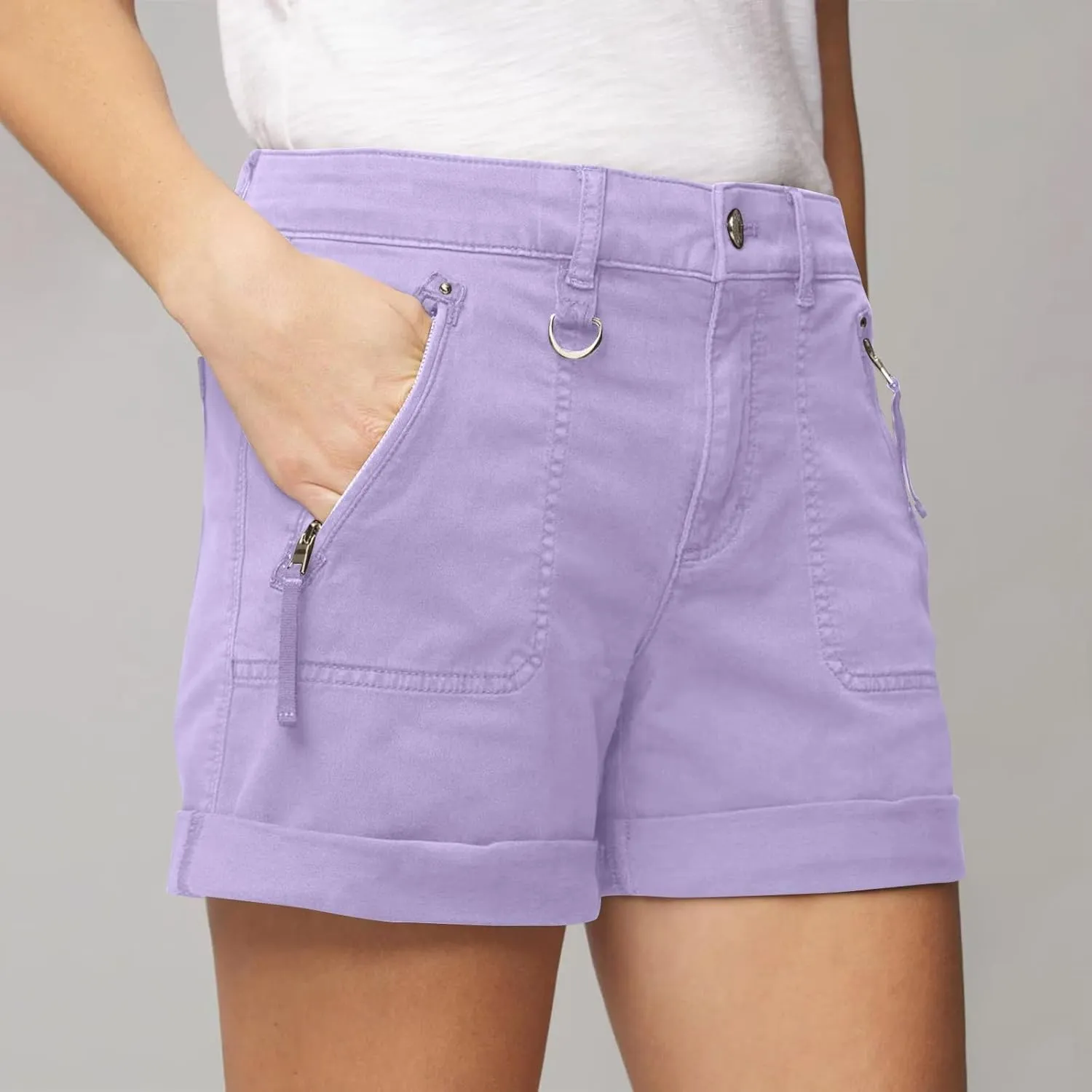 midelxp Stretchy Twill Jean Shorts for Women Y2k Rolled Hem High Waisted Denim Shorts Summer Casual Cargo Shorts with Pockets