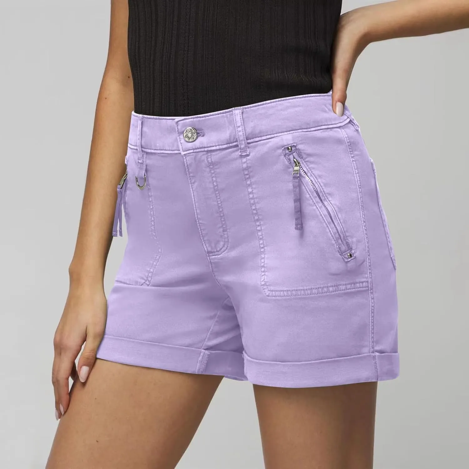 midelxp Stretchy Twill Jean Shorts for Women Y2k Rolled Hem High Waisted Denim Shorts Summer Casual Cargo Shorts with Pockets