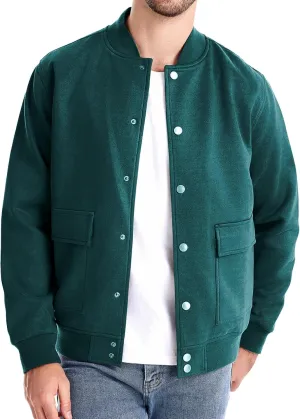MIDOO Mens Full Zipper Fleece Jacket without Hood Collar Baseball Jacket With Button Pockets Long Sleeved Casual