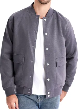 MIDOO Mens Full Zipper Fleece Jacket without Hood Collar Baseball Jacket With Button Pockets Long Sleeved Casual