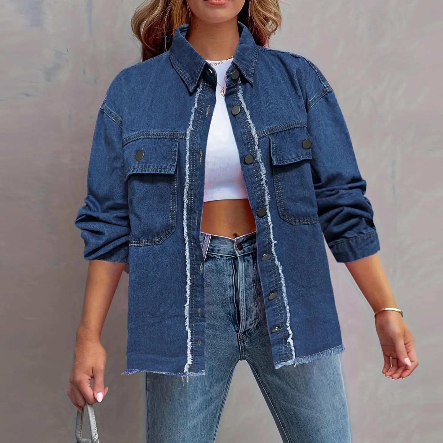 Mzkdieey Women's Oversized Denim Jacket Long Sleeve Button Down Shirts Boyfriend Distressed Jean Jacket Western Work Jackets