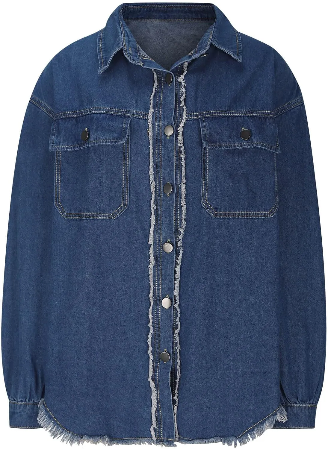 Mzkdieey Women's Oversized Denim Jacket Long Sleeve Button Down Shirts Boyfriend Distressed Jean Jacket Western Work Jackets