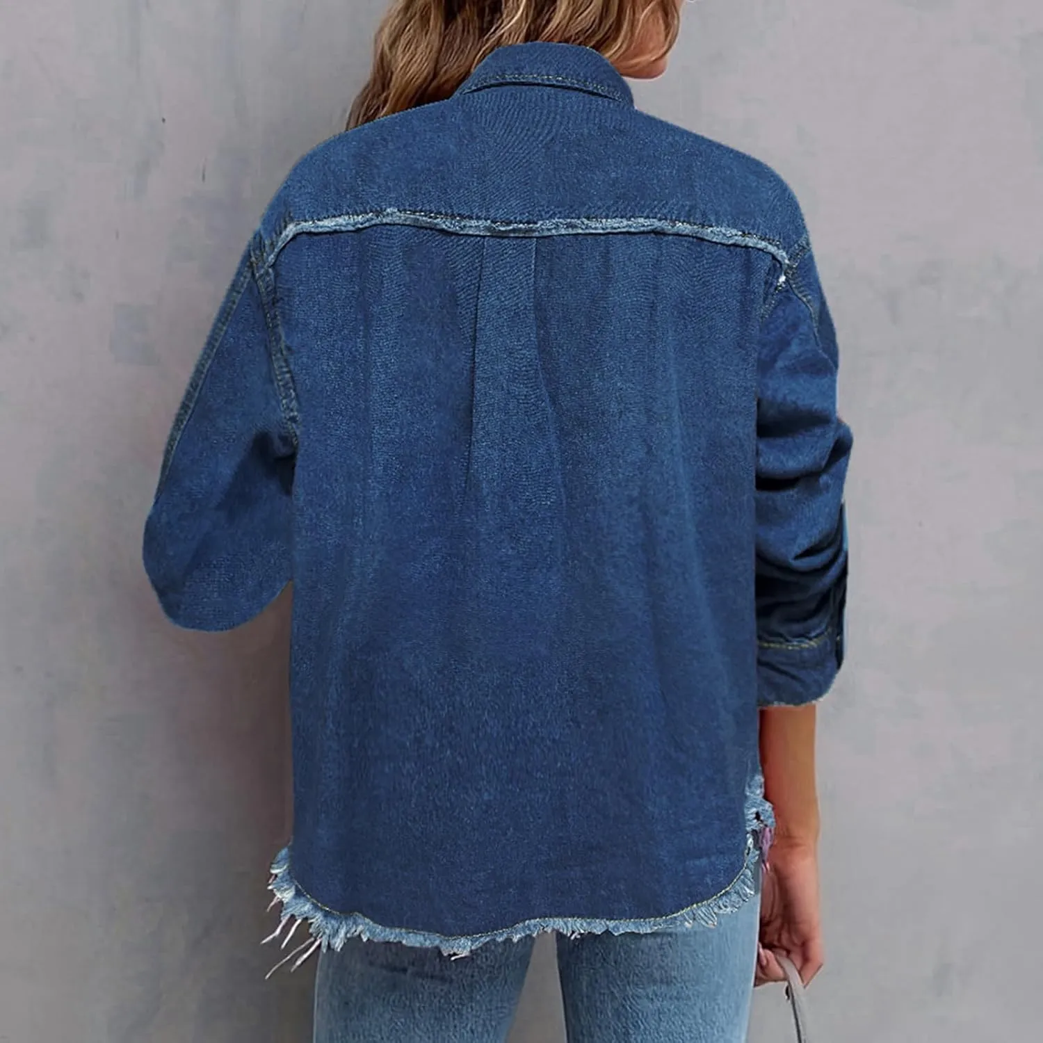 Mzkdieey Women's Oversized Denim Jacket Long Sleeve Button Down Shirts Boyfriend Distressed Jean Jacket Western Work Jackets