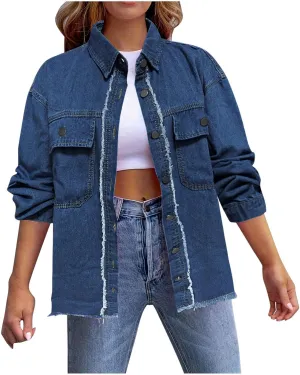 Mzkdieey Women's Oversized Denim Jacket Long Sleeve Button Down Shirts Boyfriend Distressed Jean Jacket Western Work Jackets