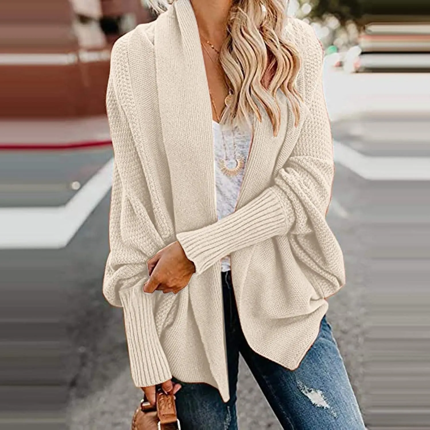 NaRHbrg Women Chunky Kimono Cardigan, Women's Cable Knitted Slouchy Oversized Wrap Open Front Cardigan Sweater Outwear